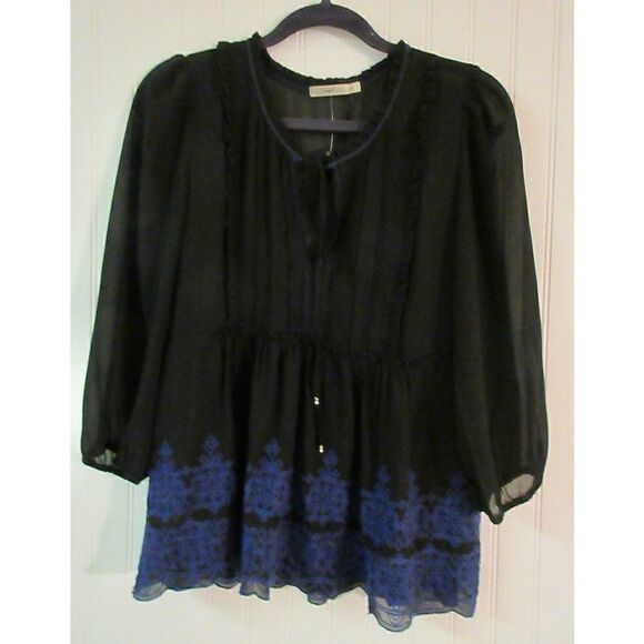 Hazel tunic top blouse black w/blue embroidery sz Medium - Picture 1 of 5